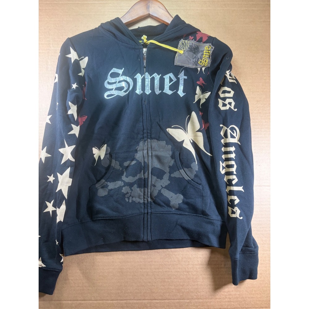 Smet Full Zip Hoodie Womens Medium Black Butterfly Skull Y2K Streetwear Graphic
